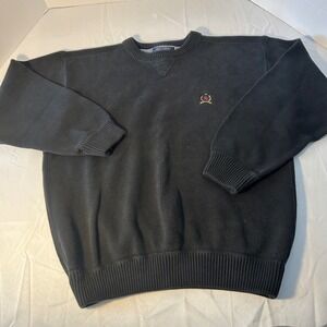Vintage 90s Tommy Hilfiger Mens XL‎ Black Cotton Crew Neck Sweater Logo Preppy